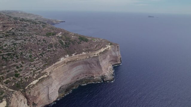 Aerial panoramic drone footage of the Mediterranean Sea from the Dingli Cliffs (Rdum ta' Had-Dingli), Malta