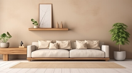 Cream color wall mock up in warm tones with armchair and decoration minimal. generative ai
