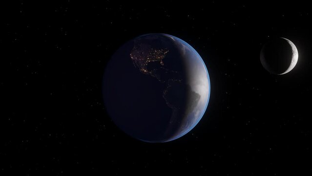 Sunrise sunset on planet earth with moon in the space. 4K render animation.