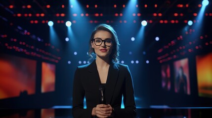 A female emcee in a suit and glasses stands on stage looking at the camera and announcing the opening of a musical performance. In a bright room with LED screen and night light