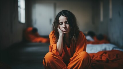 A female prisoner in an orange uniform sits depressed on the bed. prison detention center - obrazy, fototapety, plakaty