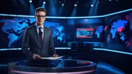 A male news anchor in a suit stands on the stage, looks at the camera and announces the news. In a bright room with LED screen and night light - obrazy, fototapety, plakaty