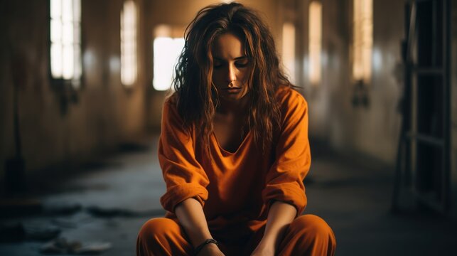 A female prisoner in an orange uniform sits depressed on the bed. prison detention center