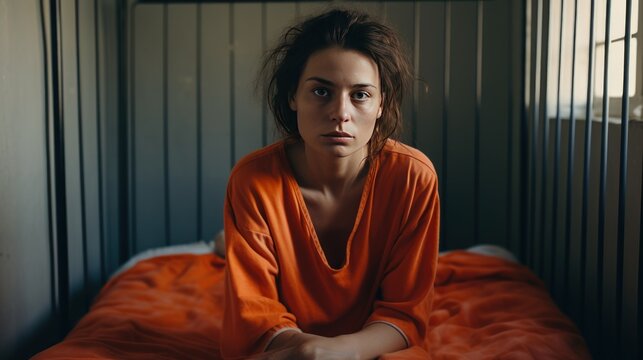 A female prisoner in an orange uniform sits depressed on the bed. prison detention center