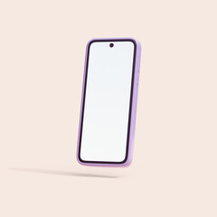 Minimal stylized simple modern mobile phone in a purple case with empty touch screen floats in air space. Smartphone mockup with blue blank display, front view. 3d render in pastel colors backdrop.
