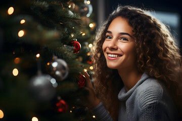 Cheerful young woman decorating the christmas tree. Christmas atmosphere at cozy home interior.