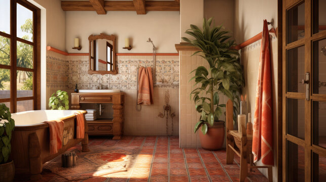 Mediterranean home interior bathroom, Inspired by countries around the Mediterranean, featuring warm colors, terracotta tiles, heavy wooden furniture, and rustic elements