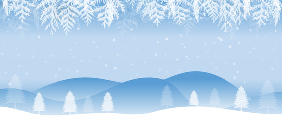 Winter festival seasonal background vector illustration. Christmas holiday event snowfall, pine, landscape, mountain with watercolor texture. Design for poster, wallpaper, banner, card, decoration.