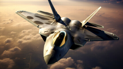 Gray fighter combat aircraft flying in the sky above the clouds. Generative AI