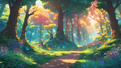 Obraz na płótnie Canvas Magical Forestscape: A 2D Green Illustration of Nature's Beauty, Ideal for Enchanting Backgrounds and Landscapes
