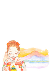 Obraz na płótnie Canvas 赤富士と美しい着物姿の女の子の水彩イラスト