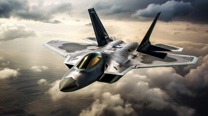Gray fighter combat aircraft flying in the sky above the clouds. Generative AI