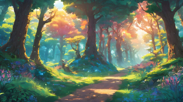 Magical Forestscape: A 2D Green Illustration of Nature's Beauty, Ideal for Enchanting Backgrounds and Landscapes
