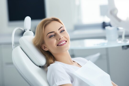 A smiling young woman sitting in a chair in a dental office. She is waiting for the dentist for an oral procedure. Teeth whitening concept.