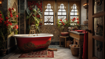 Oriental home interior bathroom, Drawing influence from the Middle East and Asia, with rich colors, ornate details, exotic patterns, and fabrics