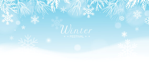 Winter festival seasonal background vector illustration. Christmas holiday event snowfall, pine leaves, berry with watercolor texture. Design for poster, wallpaper, banner, card, decoration.