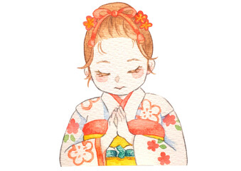 水彩で描いた着物のかわいい女の子がお祈りしているイラスト