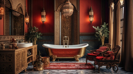 Oriental home interior bathroom, Drawing influence from the Middle East and Asia, with rich colors, ornate details, exotic patterns, and fabrics - obrazy, fototapety, plakaty