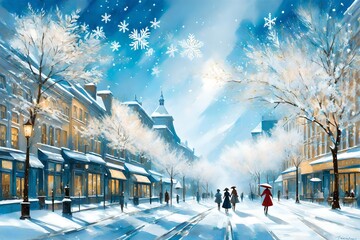 painting of snowy weather inthe street and village 