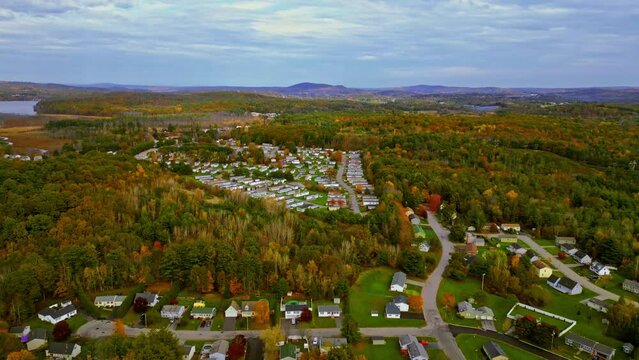 Autumn Flight over suburbs and forest . Lewiston, Maine
