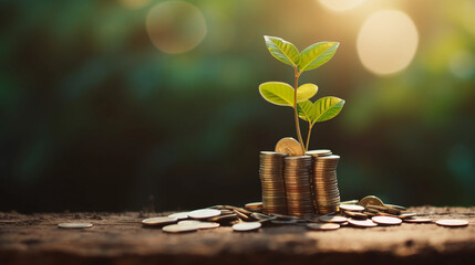 green plant growing from a stack of coins on a business table, representing the concept of sustainable financial growth, positive outcomes and good financial decisions 