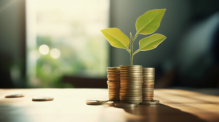 green plant growing from a stack of coins on a business table, representing the concept of sustainable financial growth, positive outcomes and good financial decisions  - obrazy, fototapety, plakaty