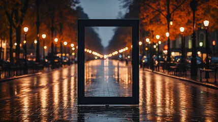 Empty frame on a city street background mockup