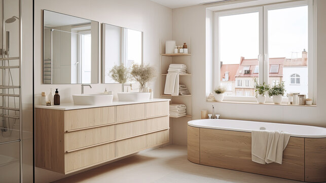 Scandinavian home interior bathroom, Characterized by light colors, minimalistic design, natural materials, and functionality