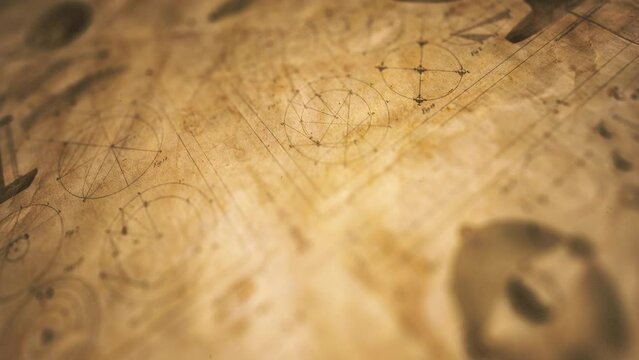 Old Retro 1800s Science Background/ 4k motion graphics of ancient vintage 1800s science on printed retro paper background with grain and grunge noise texture