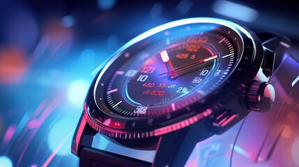 Close-up of a futuristic holographic smartwatch that uses cloud technology