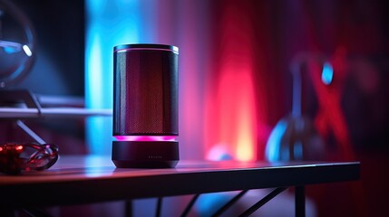 Close-up of a modern red wireless speaker placed on a work desk. With a holographic recording icon on the side.