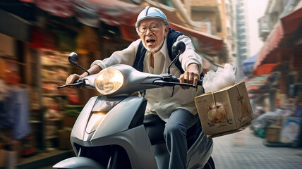 Fototapeta na wymiar Elderly sushi delivery man hurrying to order on electric scooter. Generative AI