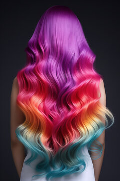 Flowing hairs in multicolor color gradient, rear view of a female hairstyle