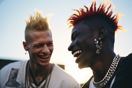 Two punk friends with mohawks laughing and hanging out, modern subculture  street photography