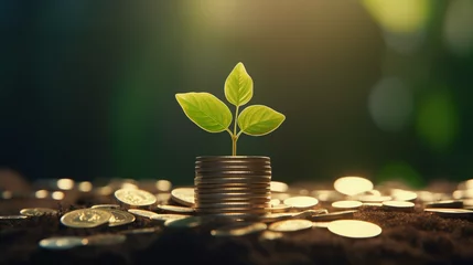 Foto op Canvas green plant growing from a stack of coins on a business table, representing the concept of sustainable financial growth, positive outcomes and good financial decisions  © Joshua