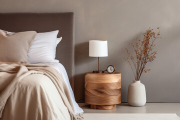 Fototapeta na wymiar A bedroom with a wooden bedside table is decorated in the style of realistic use of light and colors, emphasizing domestic comfort, organic forms, quiet shades and a tonalistic color palette