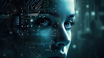 a close up of a person's face with a circuit board in the background