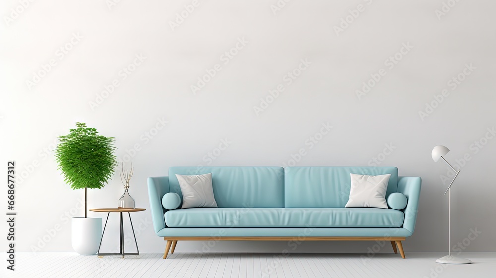 Poster mock up empty wall in interior background with blue sofa, Scandinavian style. 3d rendering