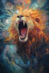 A king's roar. Stunning artistic portrait of the lion, abstract art