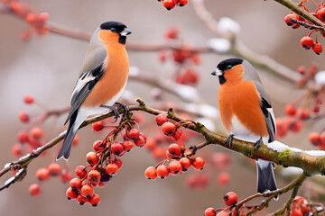 Two beautiful male bullfinches sitting on a winter branch of a mountain ash tree. Generative AI