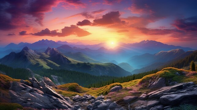 Majestic sunset in the mountains landscape. HDR image