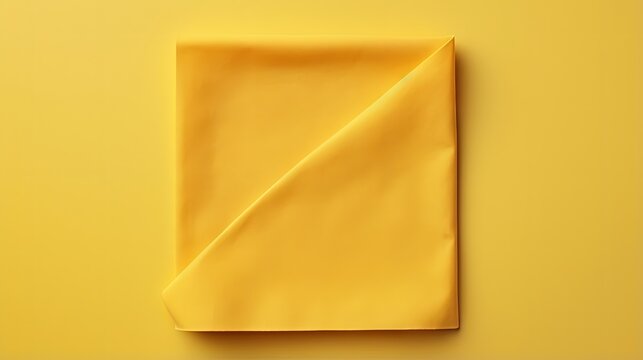 top view with yellow empty kitchen napkin isolated on table background. Folded cloth for mockup with copy space, Flat lay. Minimal style.