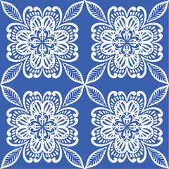 Pattern blue and white. Winter decor, snowflakes,christmas decor. Seamless pattern tile with Victorian motives.Ceramic tile in talavera style. Ornamental blue and white patterns for any decor.