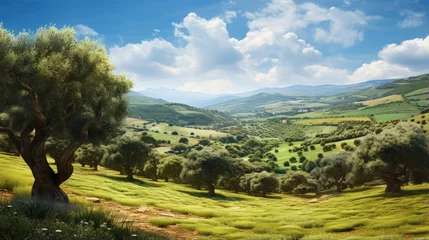Gordijnen Green olive trees farmland, agricultural landscape with olives plant among hills, olive grove garden, large agricultural areas of olive trees © HN Works