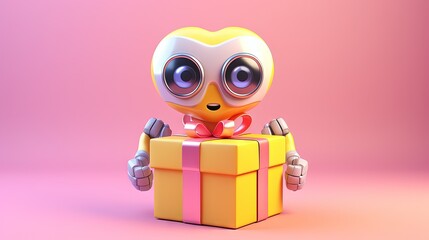 Cute robot with heart eyes holding present isolated over pink and yellow background. Technology concept. 3d rendering.