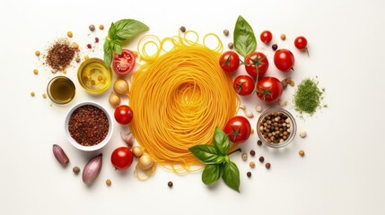 Spaghetti with ingredients for cooking pasta on a white background, top view