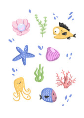 set of colorful sea animals under water and plant vector transparent background