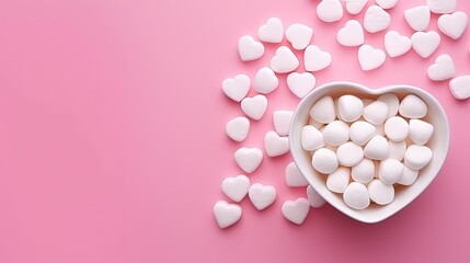 Sweets, white marshmallows and caramel heart on a pink background.Happy Valentine's Day, Mother's Day, 8 March, World Women's Day. The concept of holidays and love. Flatlay. Top view.