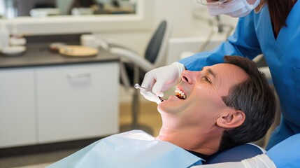 Fototapeta premium Dentist works and treats patients in the dentist room