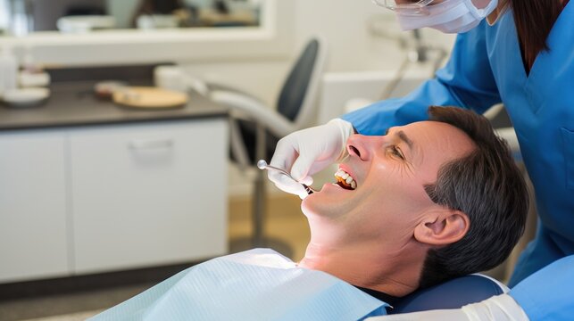 Dentist works and treats patients in the dentist room